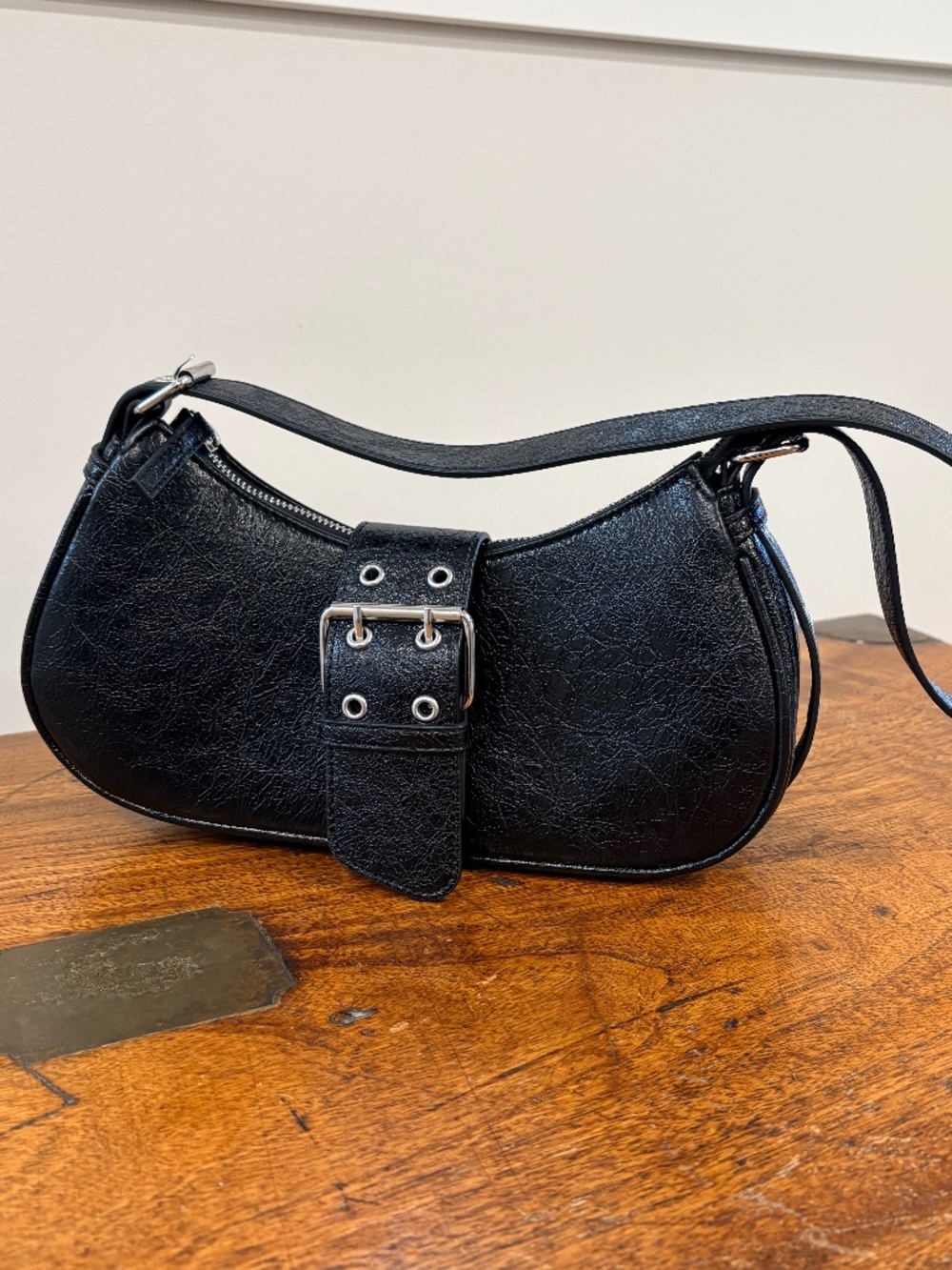 Adjustable Belt Bag Buckle Shoulder Bag Black Y2K Curved Baguette Small